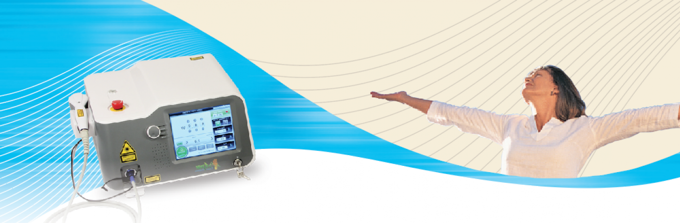Laser header with image of device and a happy woman